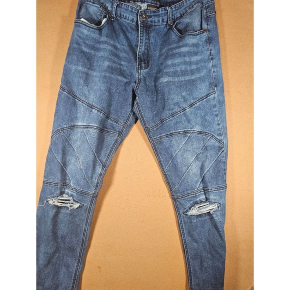 M Society Mab City Jeans Men 36x32 Blue Distressed Stretch Denim - Picture 1 of 7